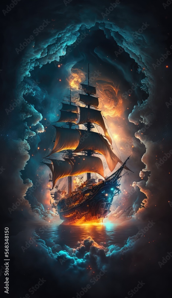 Sailing ship and rip in the void. Fantasy scene at sea. Generative ai
