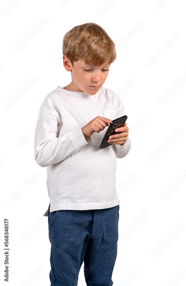 Kid finger touch phone in hand, isolated over white background Kid finger touch phone in hand, isolated over white background