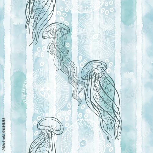 Underwater world. Seamless pattern on a marine theme with jellyfish on a striped watercolor background. Perfect for design templates, wallpaper, wrapping, fabric and textile.