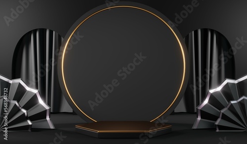 Stylish and contemporary 3D render black podium background perfect for any professional presentation, keynote or event. Its modern and sleek design adds sophistication to your product demo or show