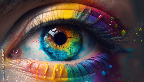 Close up view of human eye with bright multicolored, Holi indian color festival inspired, generative ai