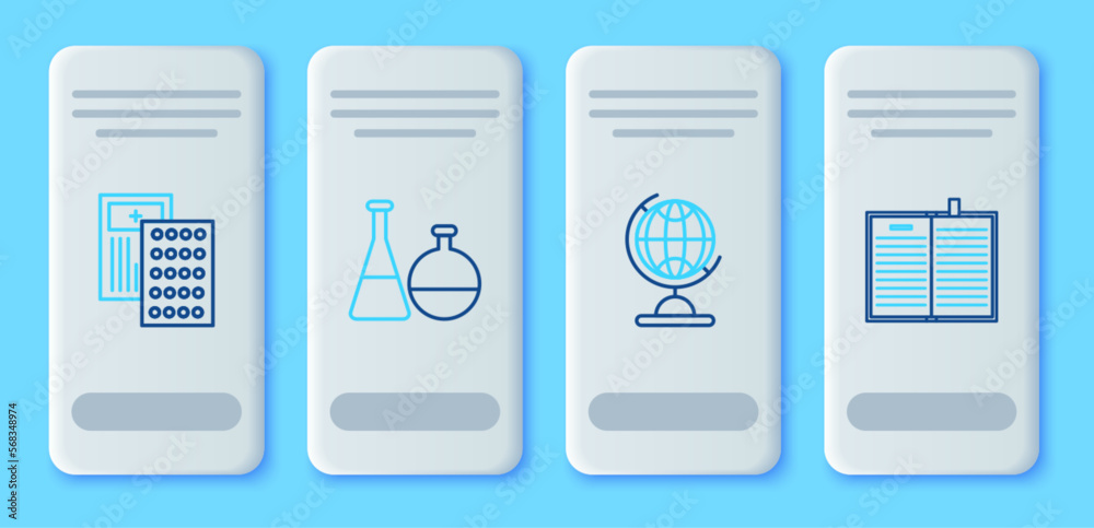 Set line Test tube and flask chemical laboratory, Earth globe, Pills in blister pack and Open science book icon. Vector