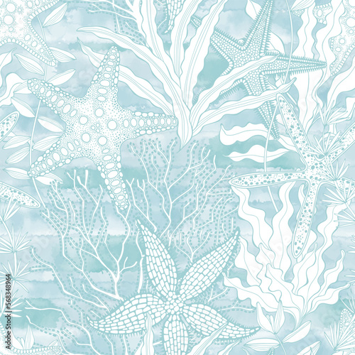 Abstract seamless pattern on the marine theme with underwater plants, starfish on blue watercolor background.  Vector. Perfect for design templates, wallpaper, wrapping, fabric and textile.
