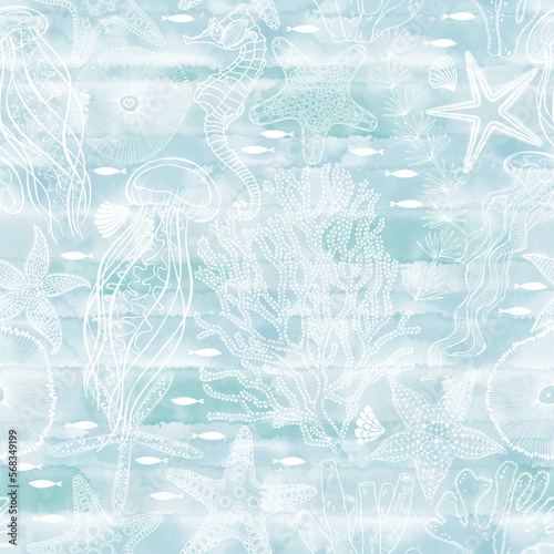 Underwater world. Seamless vector pattern on a blue watercolor background. Perfect for design templates, wallpaper, wrapping, fabric and textile.