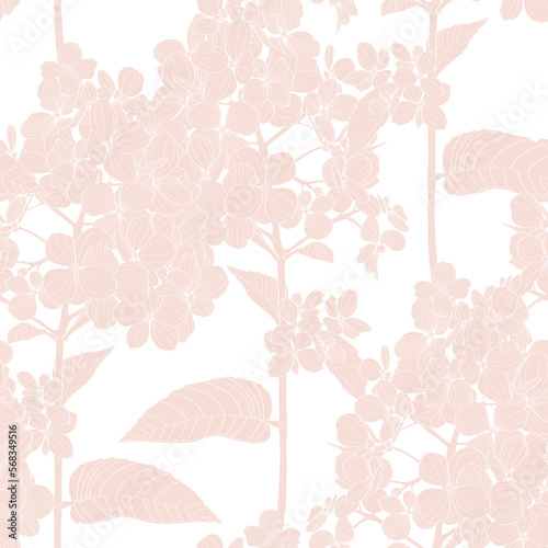 Seamless pattern of hydrangea flowers for fabric design. Luxurious line art of spring flowers. 