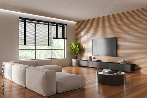 Modern chill interior with couch and tv screen, drawer and panoramic window