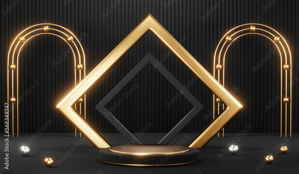 Stylish and contemporary 3D render black podium background perfect for any professional presentation, keynote or event. Its modern and sleek design adds sophistication to your product demo or show