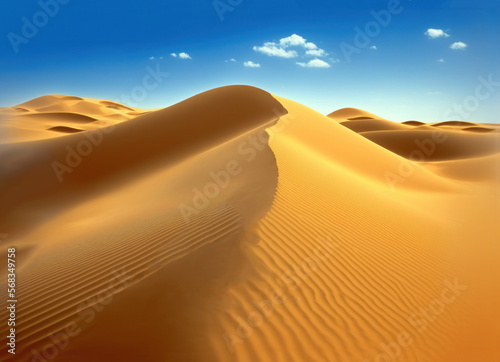 Sand dunes in the desert. Sand ripples and blue sky  sunny day. Generative AI