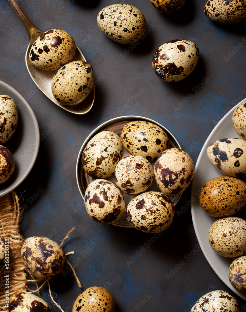Fototapeta premium Quail eggs on a black table.