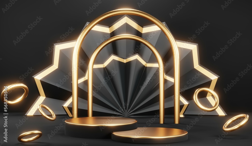 Stylish and contemporary 3D render black podium background perfect for any professional presentation, keynote or event. Its modern and sleek design adds sophistication to your product demo or show
