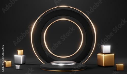 Stylish and contemporary 3D render black podium background perfect for any professional presentation, keynote or event. Its modern and sleek design adds sophistication to your product demo or show
