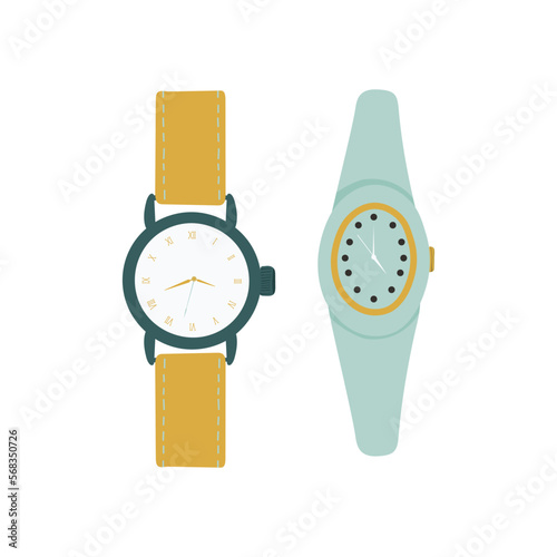 Vector Set of men's and women's watches. Watches collection isolated on white background. Bright hours. Vector illustration