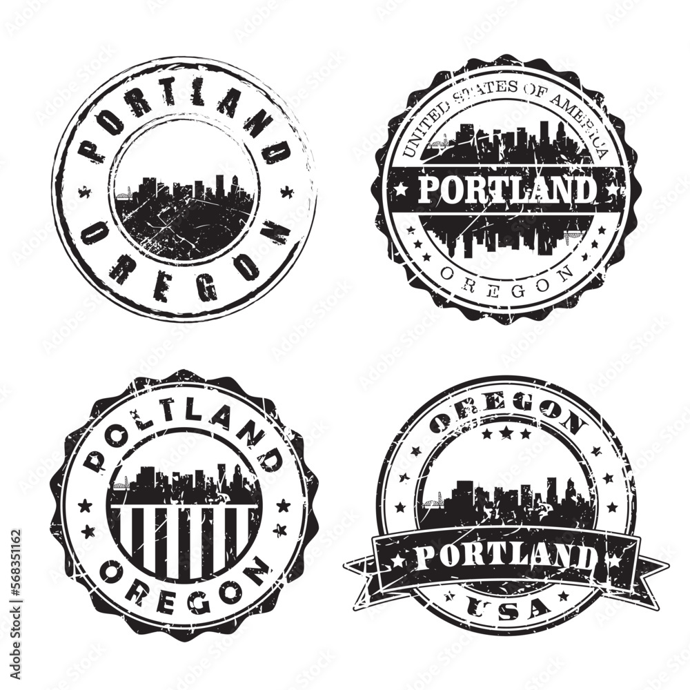 Portland Oregon Stamp Skyline Postmark. Silhouette Postal Passport. City Round Vector Icon Set. Vintage Postage