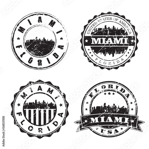 Miami Florida Stamp Skyline Postmark. Silhouette Postal Passport. City Round Vector Icon Set. Vintage Postage