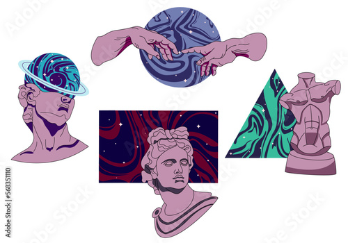 Various Antique Statues. Vaporwave stickers with greek sculpture, Tors, Hands and cosmic space elements in trendy psychedelic weird style. Sticker pack. Vector Gold Stars galaxy surrealism.