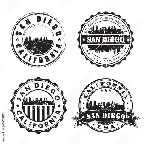 San Diego California Stamp Skyline Postmark. Silhouette Postal Passport. City Round Vector Icon Set. Vintage Postage