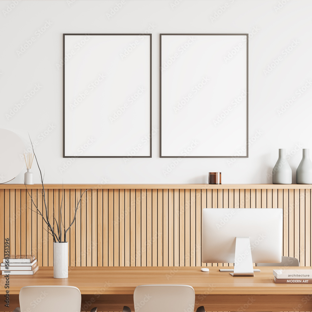 Fototapeta premium Light business room interior with desk and pc computer. Mockup frames