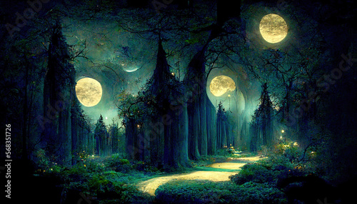 Awesome Bright moon over magical dark fairy tale forest at night. Generative Ai