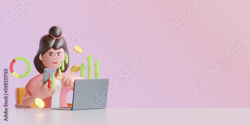 Young woman working with financial candlestick graph on smartphone. uptrend of stock market investment trading, 3D rendering