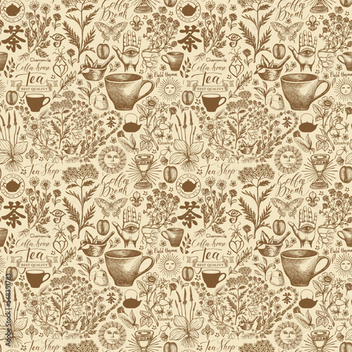 Vector seamless pattern with hand-drawn medicinal herbs. Abstract background on the theme of tea with sketches in retro style. Chinese character tea. Suitable for Wallpaper, wrapping paper, fabric.