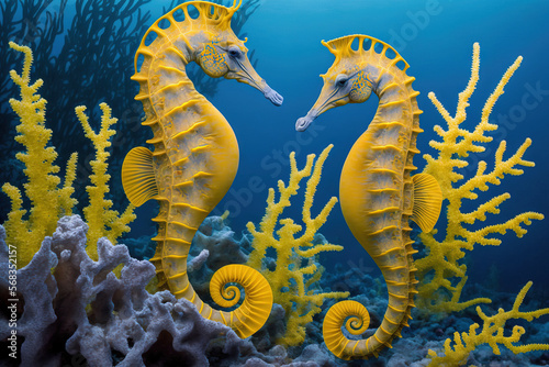 yellow seahorses swimming close to the coral (Hippocampus Taeniopterus). Generative AI photo