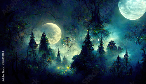 Wonderful Bright moon over magical dark fairy tale forest at night. Generative Ai