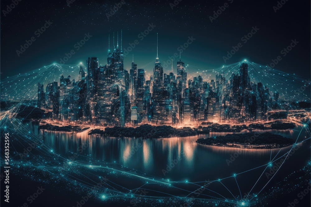 metaverse Smart cityscape with a wireless network connection and data connection network technology generative ai  background at night