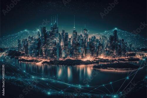 metaverse Smart cityscape with a wireless network connection and data connection network technology generative ai background at night