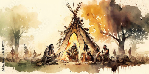 Murais de parede Illustration of native American tribe men relaxing next to a Tipi
