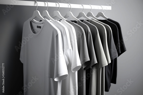 Collection of monochrome t-shirt hanging on clothes hanger in clothing rack over white background. Copy space for text. Generative AI