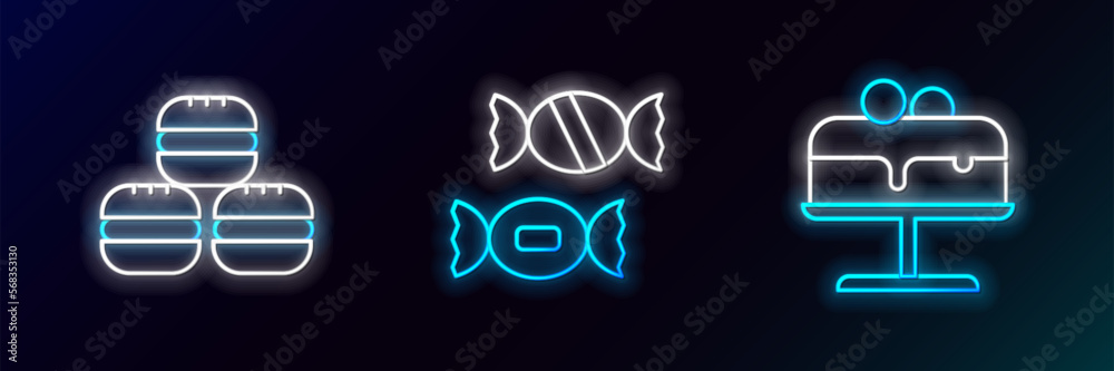 Set line Cake on plate, Macaron cookie and Candy icon. Glowing neon. Vector Set line Cake on plate, Macaron cookie and Candy icon. Glowing neon. Vector