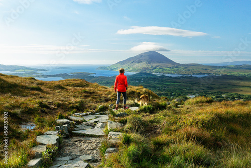 Obraz na płótnie View north west from Diamond Hill above Connemara National Park Visitor Centre toward Tully Mountain, County Galway, Ireland. Woman walking dog on path w salonie