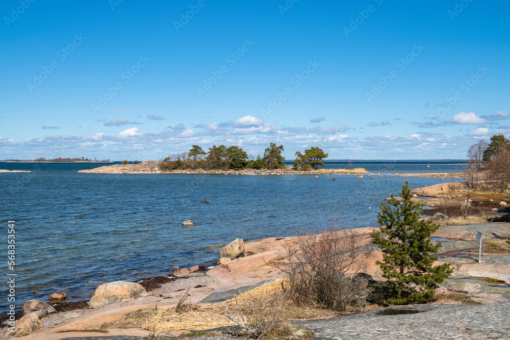Rocky view of Tulliniemi and sea in spring, Hanko, Finland