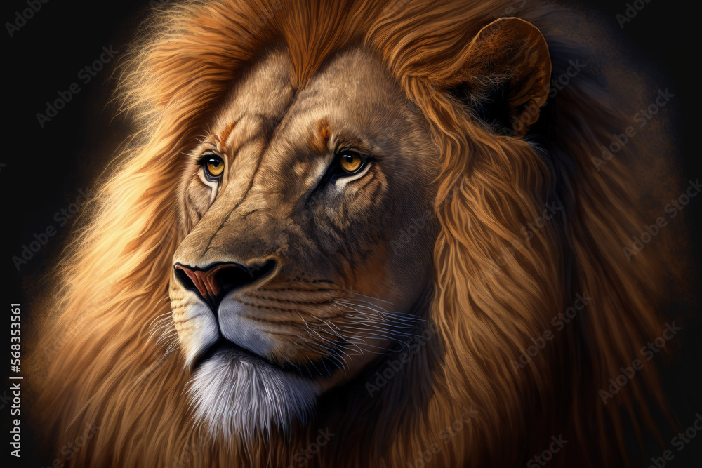 a majestic lion The animal kingdom's monarch has a regal aura about him because to his huge, luxurious head of hair. up close. Generative AI