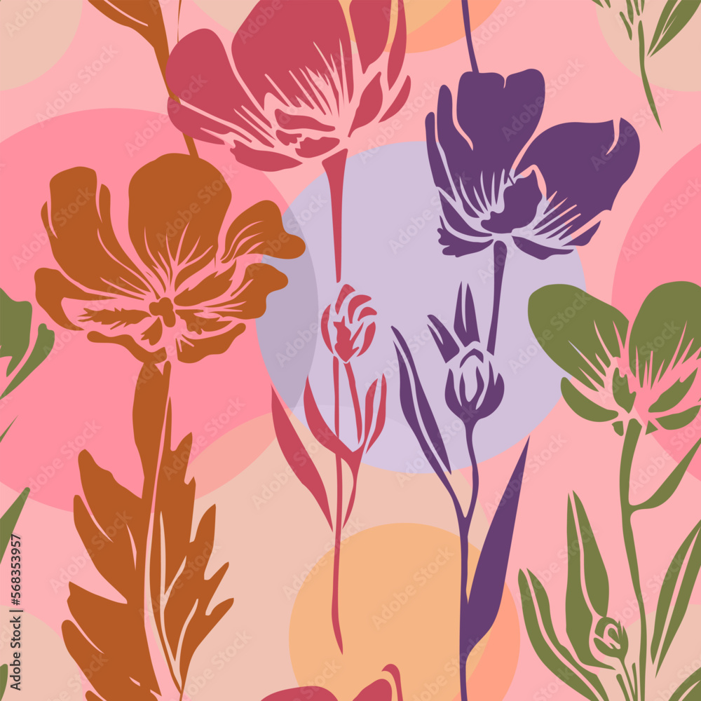Colorful summer seamless pattern with leaves and flowers. Bright floral endless background for fabric, wrapping, decoration.