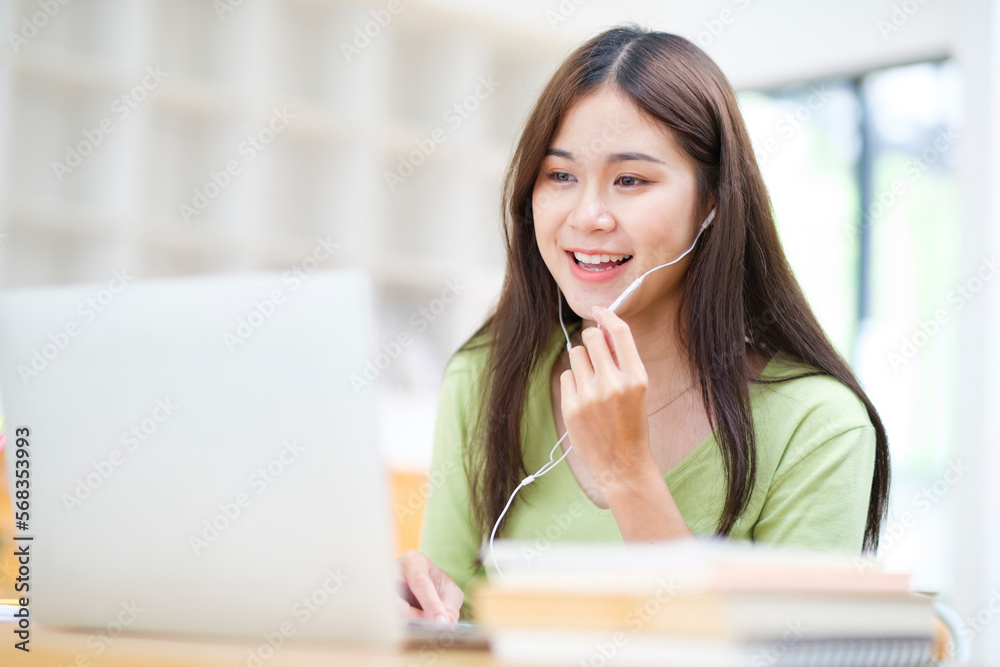 Young woman video conference and study online at home.