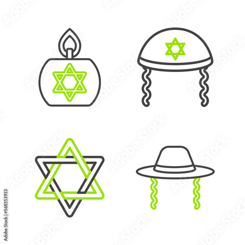 Set line Orthodox jewish hat, Star of David, Jewish kippah and Burning candle icon. Vector