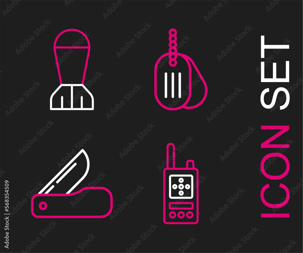 Set line Walkie talkie, Swiss army knife, Military dog tag and Aviation bomb icon. Vector