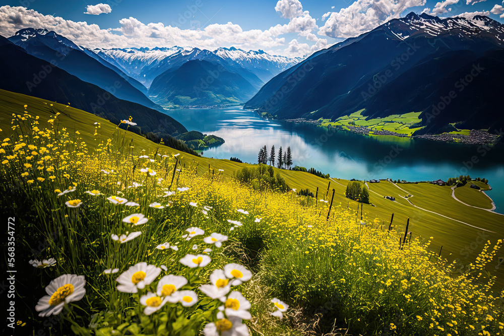 Fototapeta premium Beautiful summer scene in Zell am See, Pinzgau, Salzburger Land, Austria, Europe, with a flower field, snow capped mountains, and a blue lake. Generative AI