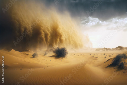Sandstorm in the desert. Sand and dust, wild dry landscape. Generative AI