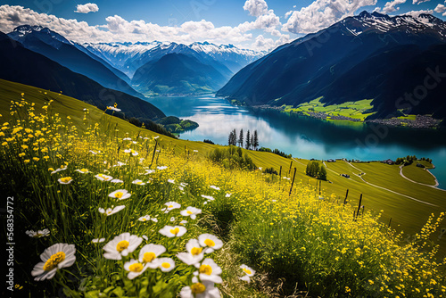 Beautiful summer scene in Zell am See, Pinzgau, Salzburger Land, Austria, Europe, with a flower field, snow capped mountains, and a blue lake. Generative AI