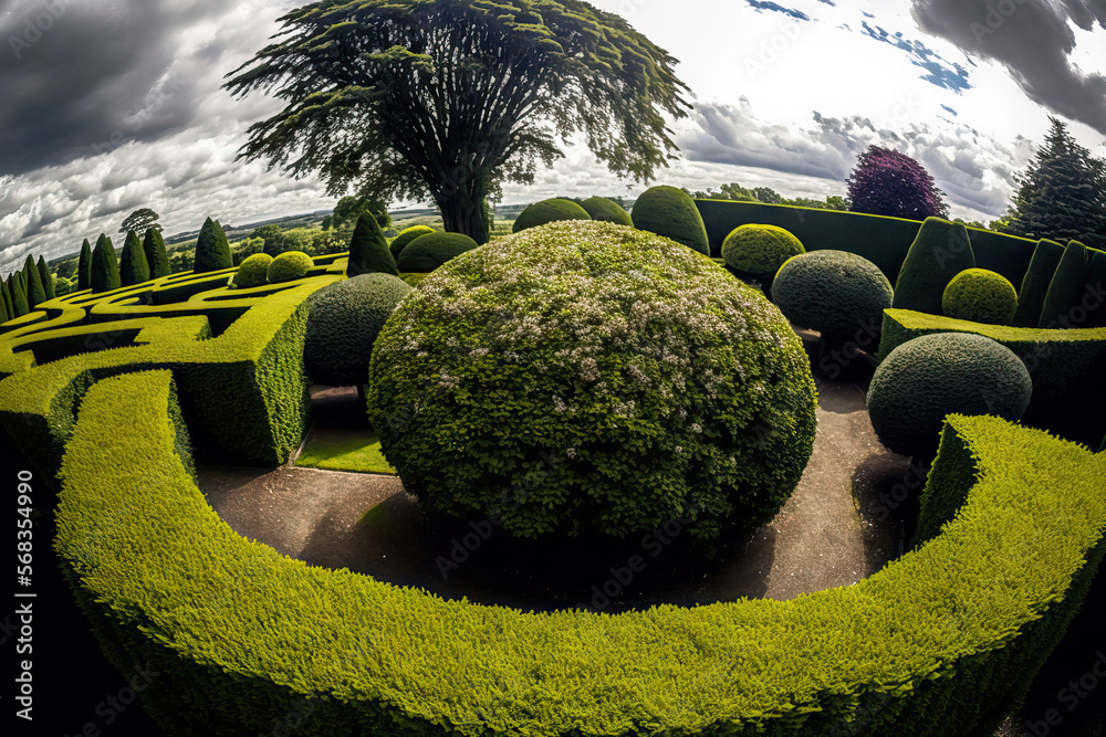 A central perspective of the irregularly shaped yews and other bushes in the garden of Plas Brondanw, GWYNEDD, Wales, United Kingdom JULY 21, 2019. Generative AI - obrazy, fototapety, plakaty 