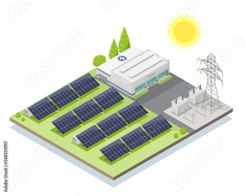 solar panels farm power plant with solar cell green energy ecology powerhouse concept electricity in nature isometric vector isolated