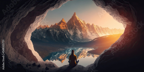 Women meditating in the mountains. Generative AI