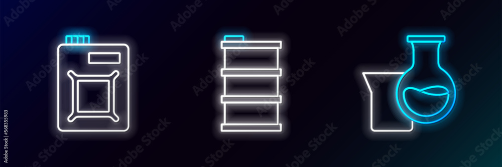 Set line Oil petrol test tube, Canister for motor oil and Barrel icon. Glowing neon. Vector Set line Oil petrol test tube, Canister for motor oil and Barrel icon. Glowing neon. Vector
