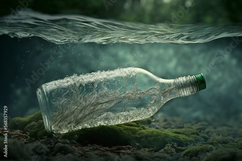 Empty bottle thrown into the water. Water pollution,ai generated