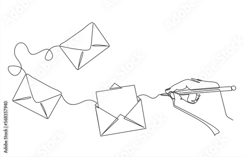 Continuous one line drawing of envelopes and hand writing letters. E mail list building illustration. Can used for logo, emblem, slide show and banner. 