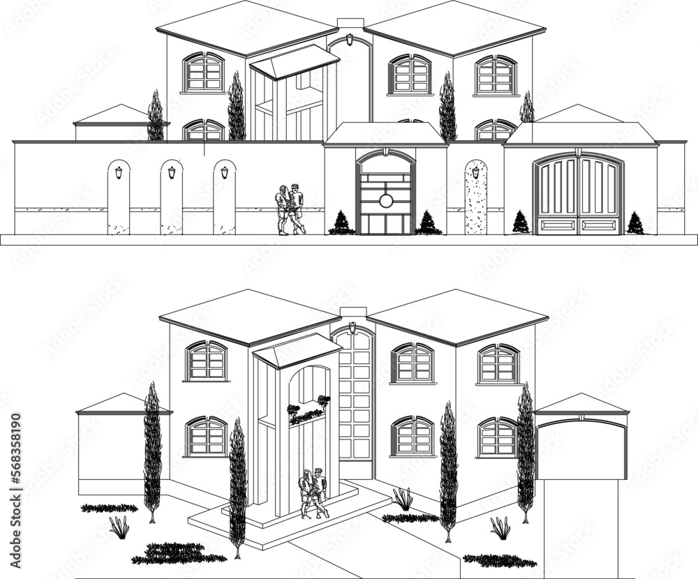 Modern minimalist house perspective illustration vector sketch