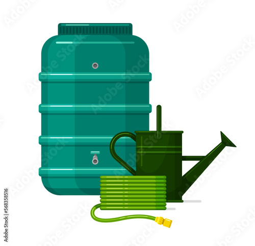 Garden barrel, watering can and coiled rubber hose, rainwater harvesting system. Plastic water storage tank with tap for pipes and hoses. Vector flat illustration isolated on white background