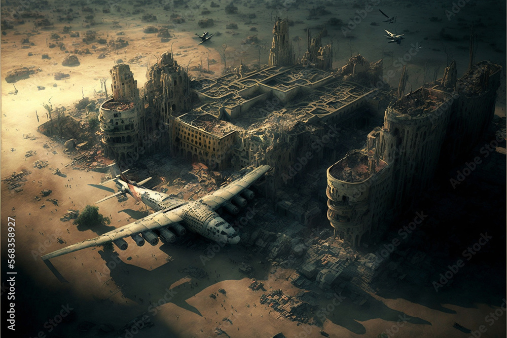 Naklejka premium A city view destroyed by war and bombs concept. Ai Generated.
